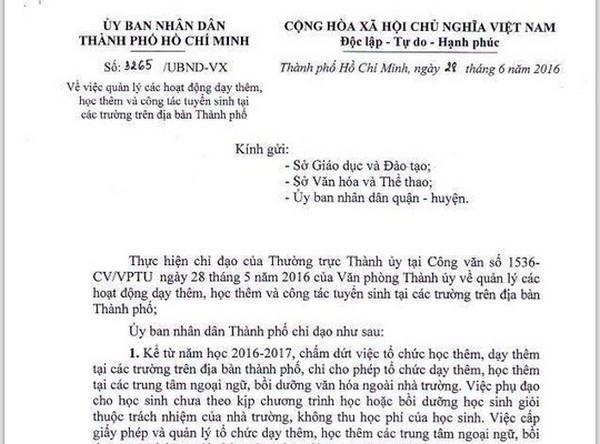 TP.HCM chấm dứt học thêm, dạy thêm từ năm học 2016-2017