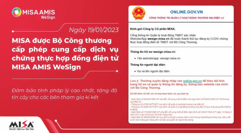 MISA được Bộ Công thương cấp phép cung cấp dịch vụ chứng thực hợp đồng điện tử MISA AMIS WeSign